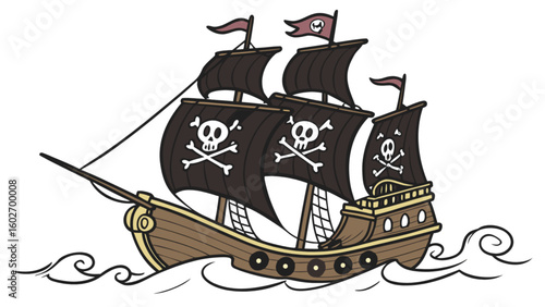 Cartoon pirate ship sailing on the ocean waves with skull and crossbones flag, perfect for children's books, pirate themed parties, adventure games, and nautical designs, a fun and playful design