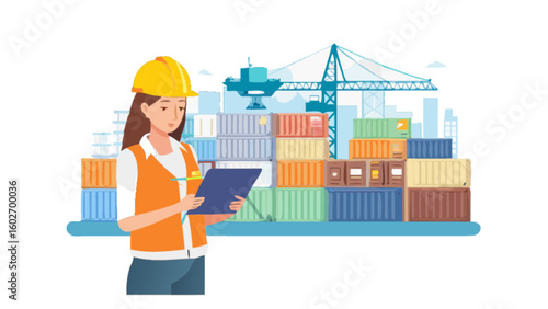 Female inspector overseeing shipping containers at the port, showcasing logistics and transportation efficiency, perfect for supply chain management and cargo industry visuals