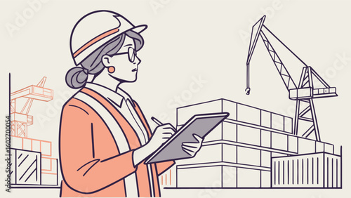 Focused female engineer overseeing construction site progress with clipboard, ensures project success with modern solutions, safety compliance, and efficient management, vector style