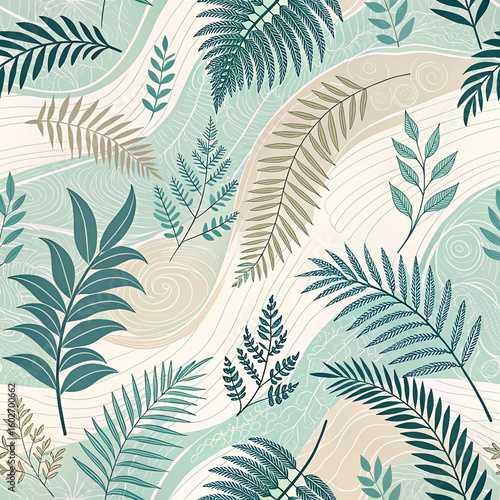 Tropical Leaf Pattern with Abstract Swirls – Seamless Botanical Design Background

