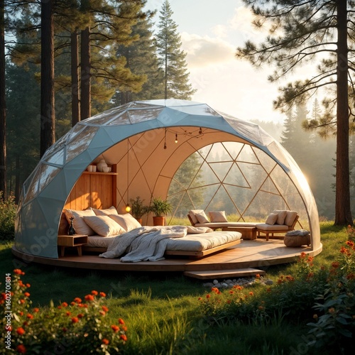Glamping. Dome Cabin with Geode Structure in Luxury Campsite