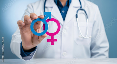 Sexual health doctor holding gender symbols for reproductive health and wellness and std awareness day