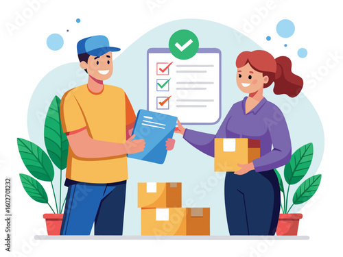 Delivery person handing package to woman with checklist handover recipient