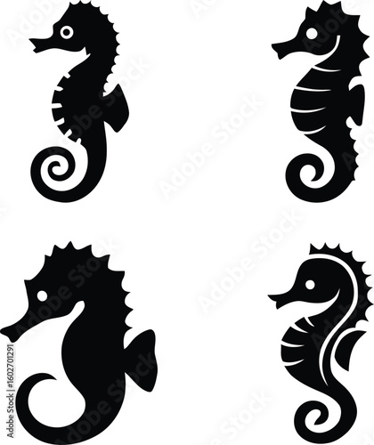 Stylized seahorse silhouette vector graphic icon collection.