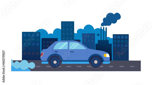Stylish blue car cruising through a modern cityscape with sleek buildings and an industrial backdrop, perfect for transportation, urban life, or environmental themes