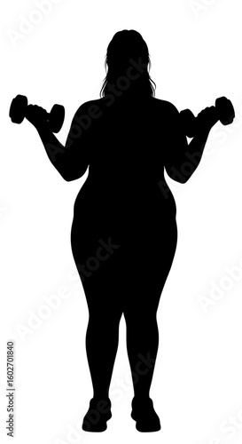 Silhouette of a plus-size woman lifting dumbbells in a fitness pose  