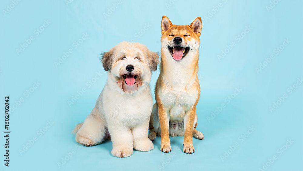 Fototapeta premium Two happy dogs sitting together on a bright blue background