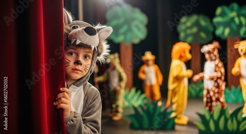 Young boy wearing wolf costume and whiskers peeks from behind red curtain. Other children in animal costumes appear on stage at school during play