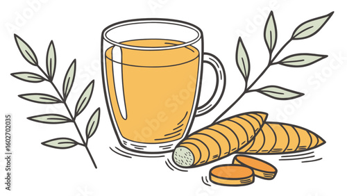 Golden turmeric latte in glass with sliced root and botanical sprigs, a modern take on wellness and healthy living for lifestyle blogs and recipe sites, hand-drawn style