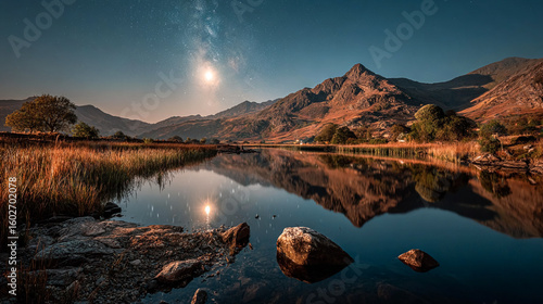 Serene Lake Reflection: Mountains mirror on tranquil water under a starry sky. Nature, travel, peaceful scene. For website, editorial, background, marketing use.