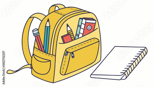 Bright yellow backpack bursting with school supplies like pencils books and a notepad perfect for back to school campaigns educational materials and creative projects