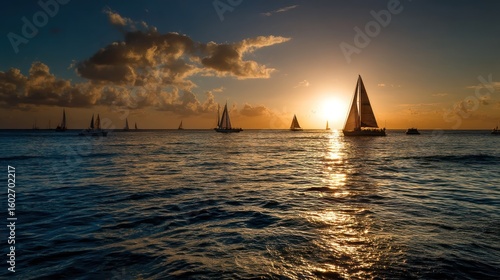 Fototapeta Naklejka Na Ścianę i Meble -  Wide panoramic ocean view at sunset with golden sunlight sparkling on the water surface and silhouetted sailboats far away