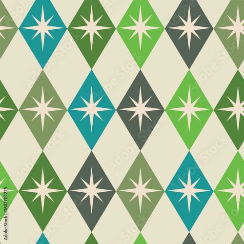 Mid century atomic starbursts over diamond shapes in sage green, lime green, teal, avocado green and ebony. For textile, fabric, home décor and wallpaper