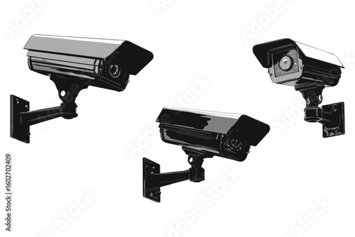 CCTV security cameras mounted on walls, silhouette