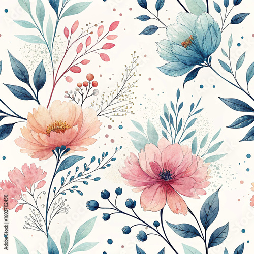 Elegant Watercolor Floral Pattern with Chrysanthemums and Leaves on White Background

