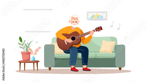 Senior man playing acoustic guitar on a sofa, enjoying music at home with cheerful notes, a relaxing hobby for retirement, promoting active aging and creative expression