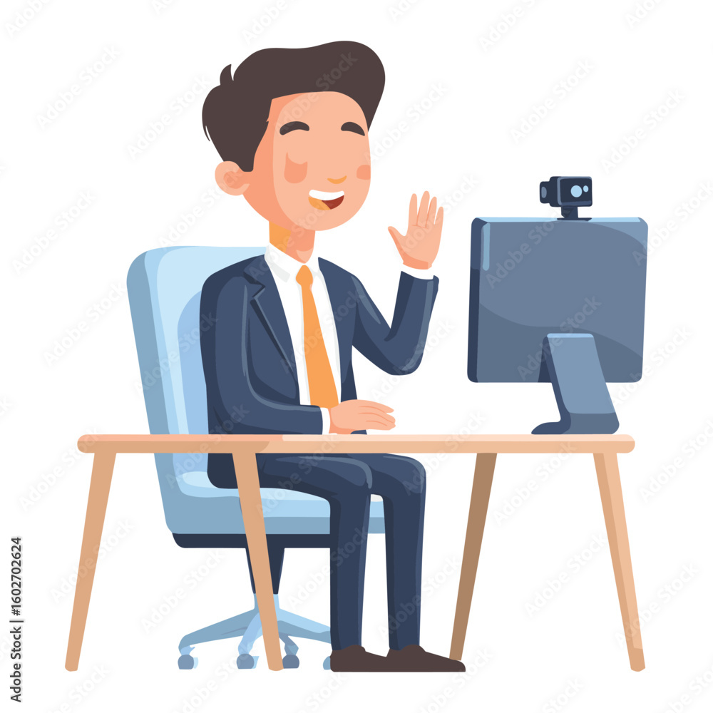 Man doing video conference with webcam – flat office illustration Man doing video conference with webcam – flat office illustration