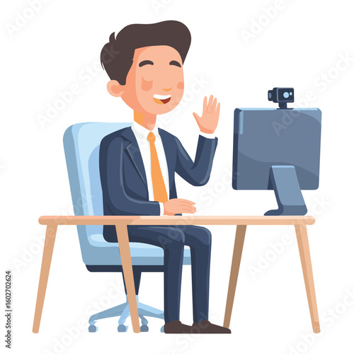 Man doing video conference with webcam – flat office illustration