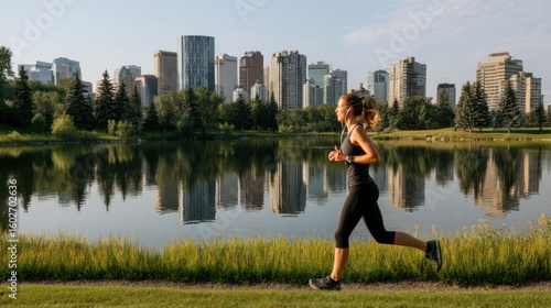 woman jogging by lake with city skyline behind, grassy embankment and reflections on water, activewear and earbuds