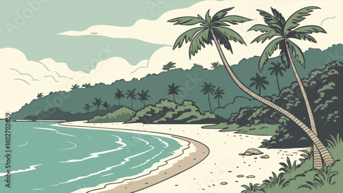 Serene tropical beach landscape with palm trees swaying gently in the breeze, inviting relaxation and escape to a tranquil island paradise, perfect for vacation vibes