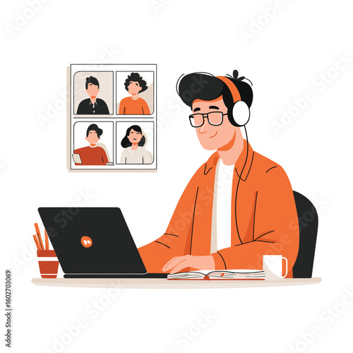 Man on laptop during online meeting remote work scene
