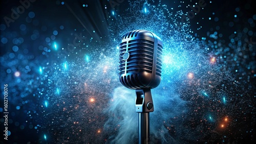 Vintage Microphone with Blue Glowing Particles in Dark Studio
