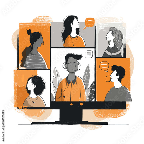 Virtual meeting with diverse team flat vector illustration