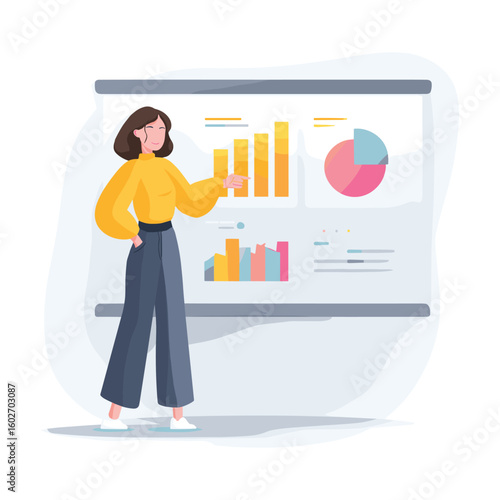 Businesswoman presenting data on board – chart presentation vector