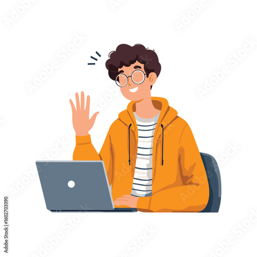 Happy man working on laptop – casual home office scene
