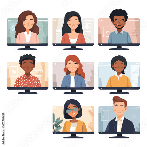 Video conference with diverse people – flat illustration