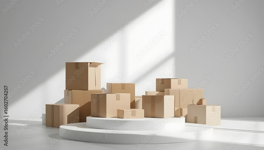 Minimalist brown cardboard boxes on white podiums with dynamic sunlight for shipping or storage concepts Minimalist brown cardboard boxes on white podiums with dynamic sunlight for shipping or storage concepts