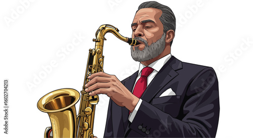 A man in a suit playing a saxophone with a red tie and a white pocket square performing music solo