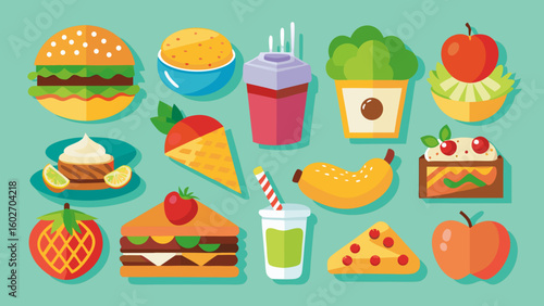 Vector art of a colorful and appetizing flat design illustration featuring a variety of food items including burgers sandwiches pizza fruits and drinks arranged