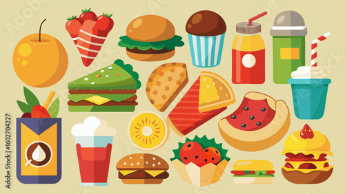 Vector art of a vibrant and diverse collection of popular food items including burgers pizza sandwiches fruits and drinks arranged in a lively flat design