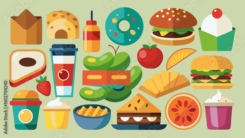 Vector art of a colorful flat design illustration featuring a variety of popular fast food and sweet treats arranged against a light green background