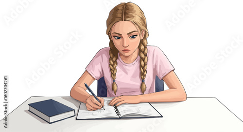 Young girl with blonde braids writing in a notebook at a desk with a book next to her in a bright room