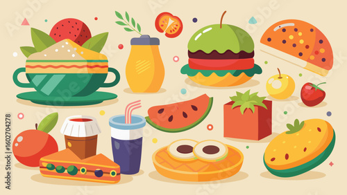 Vector art of a vibrant flat illustration showcasing a collection of assorted fast food items and sweet desserts scattered across a beige background
