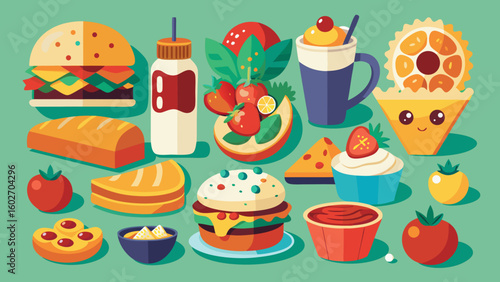 Vector art of a charming flat illustration displays a variety of popular fast food options and delightful sweet desserts arranged on a muted teal background