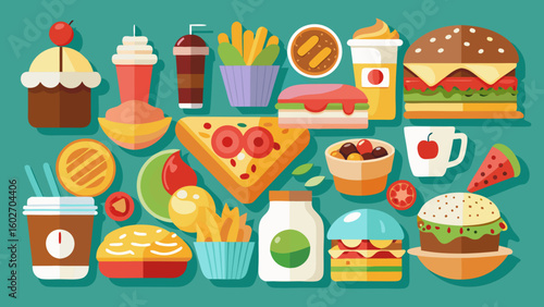 Vector art of a colorful flat illustration featuring a variety of popular fast food items and sweet treats arranged on a teal background