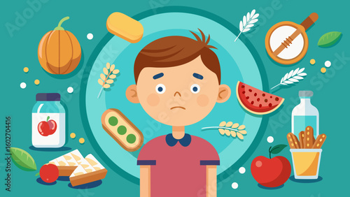 Vector art of a sad and worried young boy is surrounded by various food items symbolizing picky eating food allergies or dietary concerns