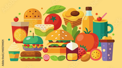 Vector art of a vibrant flat illustration showcasing a diverse assortment of fruits vegetables and fast food items against a bright yellow background