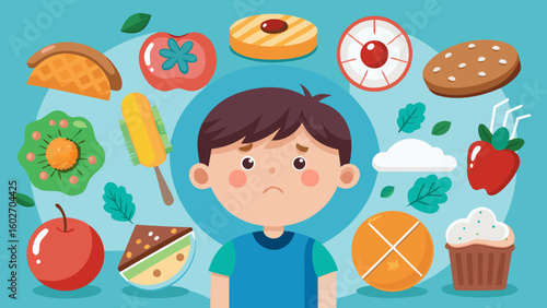 Vector art of a sad and concerned young boy is depicted with various food items floating around him representing picky eating or foodrelated anxieties