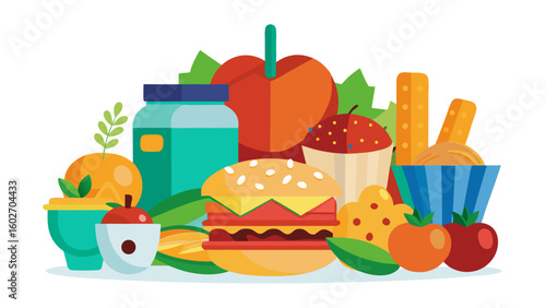 Vector art of a vibrant and colorful assortment of healthy fruits vegetables and unhealthy snacks like a burger and chips arranged together