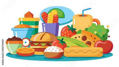 Vector art of an eclectic mix of popular fast food items and fresh produce including a burger fries and fruits presented in a lively illustration
