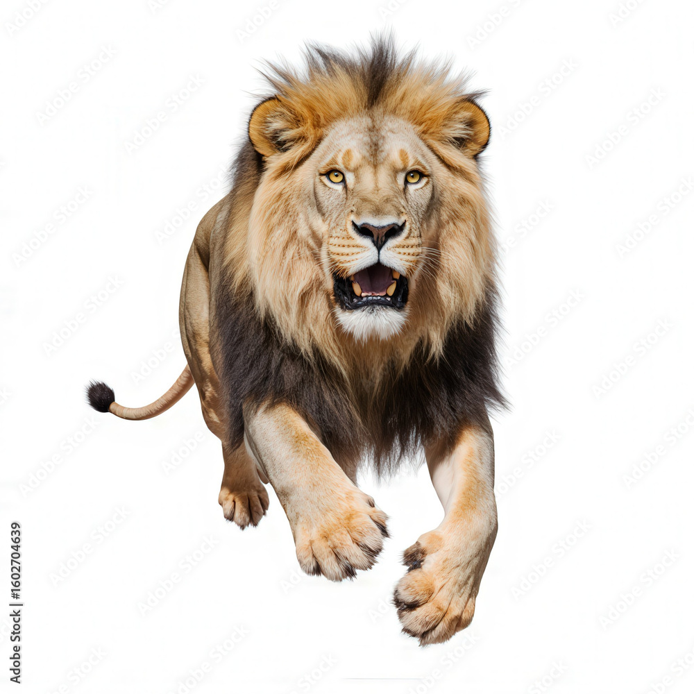 Fototapeta premium Majestic Lion in Action: A stunning shot captures a powerful lion mid-stride, emanating confidence and raw energy, showcasing the lion's magnificent mane and intense gaze.