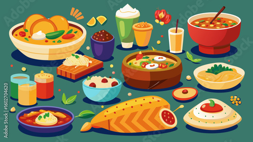 Vector art of a delightful and varied spread of indian cuisine featuring aromatic curries steamed rice soft bread and sweet desserts presented in a charming flat