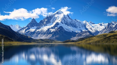 Wallpaper Mural Majestic snow-capped mountains and mirror lake landscape illustration, conveying tranquility and grandeur, ideal for digital wallpapers, travel posters, and meditation themes Torontodigital.ca