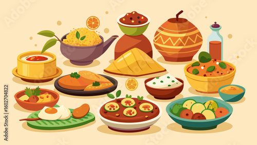 Vector art of a charming illustration of an indian food spread featuring various dishes like biryani naan fried egg and fruit salad on a light background