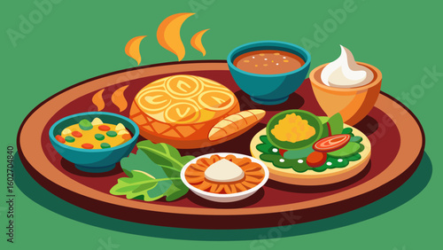Vector art of a colorful and appetizing assortment of indian dishes is beautifully arranged on a large oval platter ready to be enjoyed