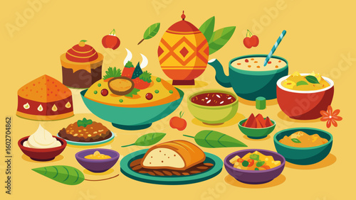 Vector art of a vibrant and diverse spread of indian food including various curries breads and desserts is presented on a bright yellow background